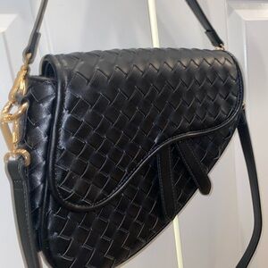 Black Woven Leather Saddle Shoulder Bag
